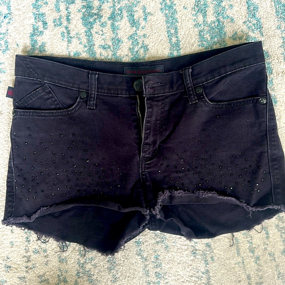 Rock & Republic, black Jean shorts with rhinestones.